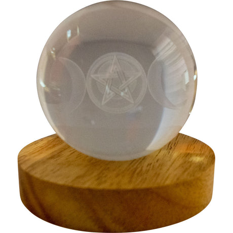 3" Crystal Ball with Wood LED Light Base - Triple Moon with Pentacle - Magick Magick.com
