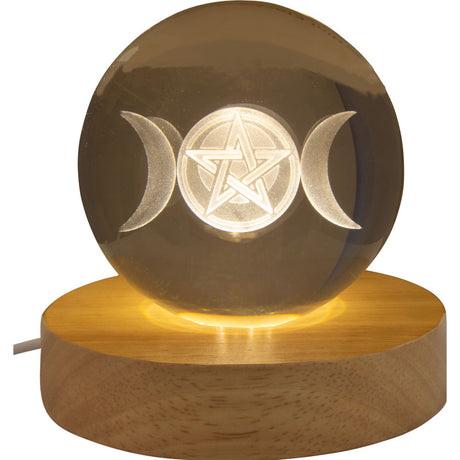 3" Crystal Ball with Wood LED Light Base - Triple Moon with Pentacle - Magick Magick.com