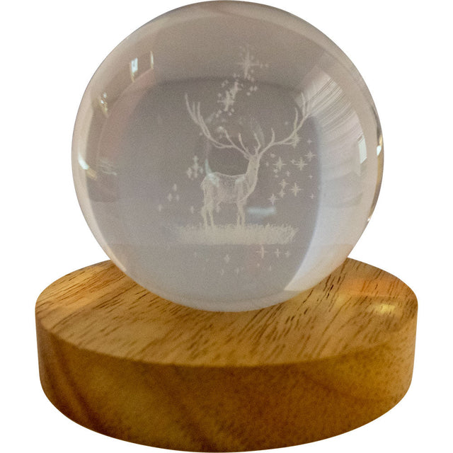 3" Crystal Ball with Wood LED Light Base - White Stag - Magick Magick.com