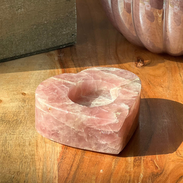 3" Polished Tealight Candle Holder Heart - Rose Quartz - Magick Magick.com