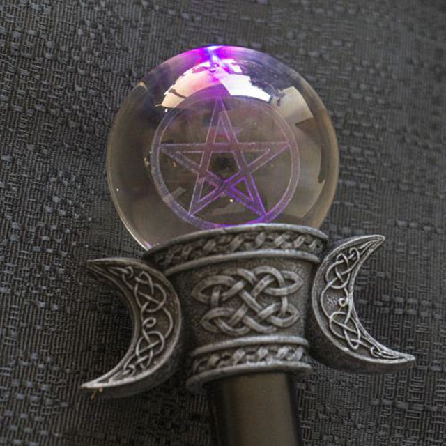 35" Walking Cane - Pentagram Triple Moon with LED - Magick Magick.com