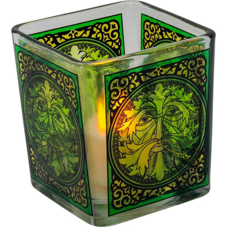 3.5" Handcrafted Glass Square Votive Holder - Celtic Green Man - Magick Magick.com