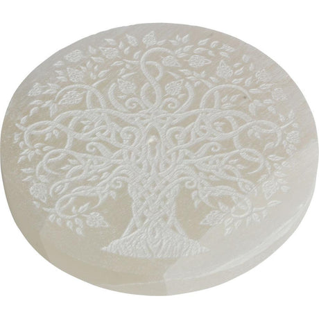 3.5" Selenite Round Incense Holder - Tree of Life - Magick Magick.com