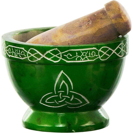 3.5" Soapstone Mortar & Pestle - Triquetra Green - Magick Magick.com