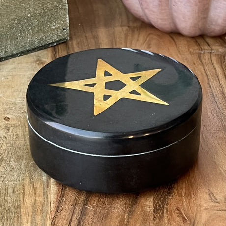 4" Black Soapstone Lined Box with Pentagram Brass Inlay - Magick Magick.com
