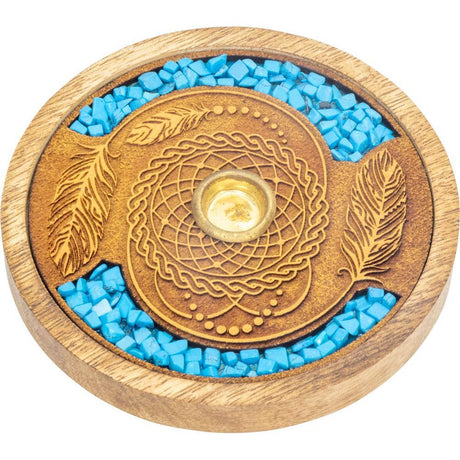 4" Laser Etched Wood Round Incense Holder - Dreamcatcher with Turquoise Inlay - Magick Magick.com