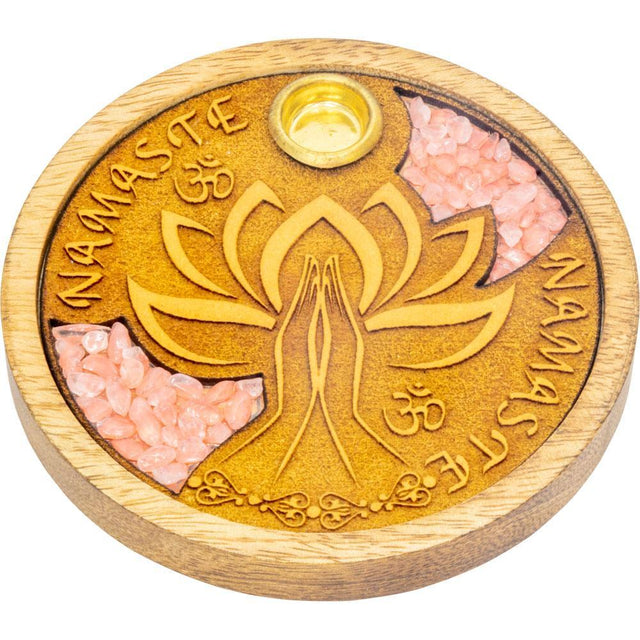 4" Laser Etched Wood Round Incense Holder - Namaste with Rose Quartz Inlay - Magick Magick.com