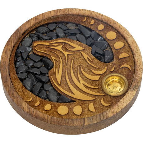 4" Laser Etched Wood Round Incense Holder - Wolf with Black Onyx Inlay - Magick Magick.com
