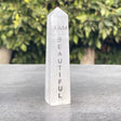 4" Selenite Affirmation Obelisk Tower - I AM Beautiful - Magick Magick.com