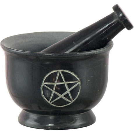 4" Soapstone Mortar & Pestle - Black Pentacle - Magick Magick.com