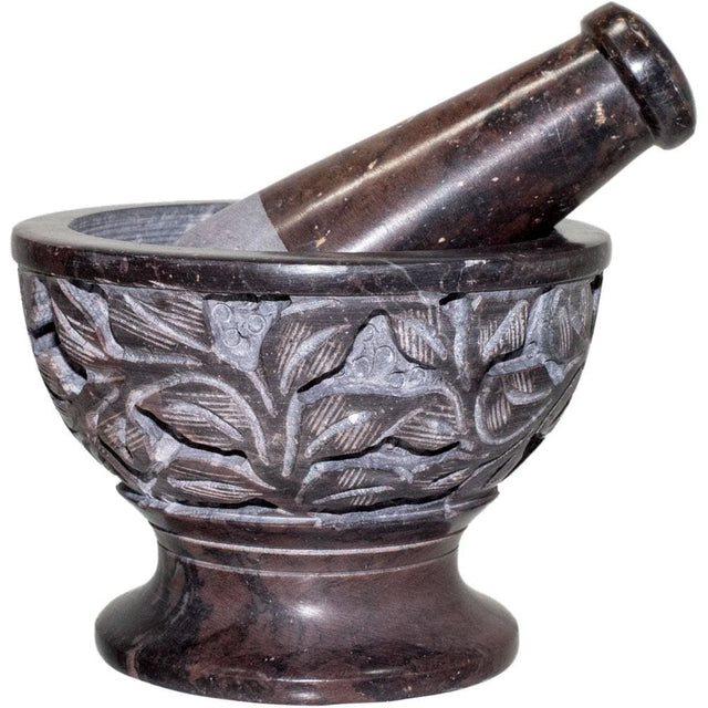 4" Soapstone Mortar & Pestle - Carved Leaves Natural - Magick Magick.com