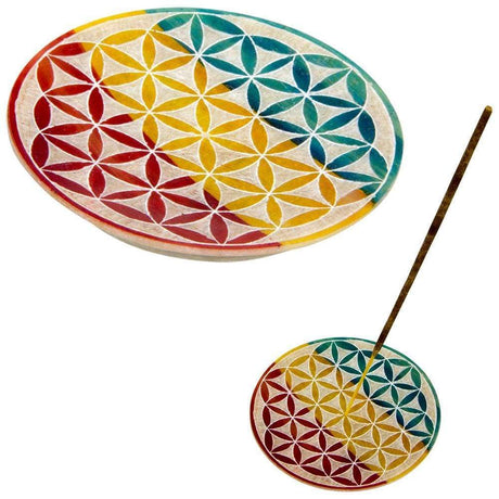 4" Soapstone Round Incense Holder - Flower of Life - Natural - Magick Magick.com