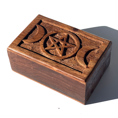 4" x 6" Triple Moon Pentagram Wood Box with Latch - Magick Magick.com