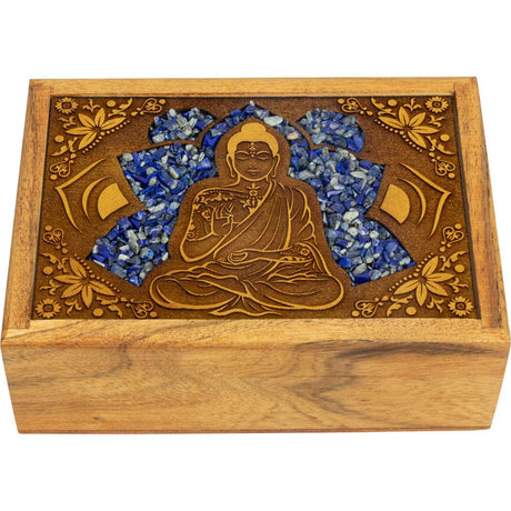 4" x 6" Velvet Lined Laser Etched Wooden Box - Buddha with Sodalite Inlay - Magick Magick.com