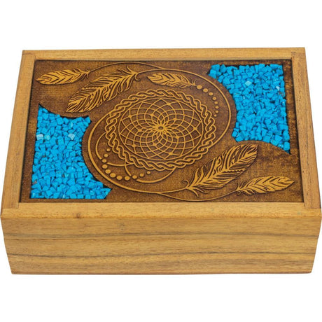 4" x 6" Velvet Lined Laser Etched Wooden Box - Dreamcatcher with Turquoise Inlay - Magick Magick.com