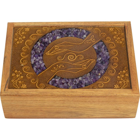 4" x 6" Velvet Lined Laser Etched Wooden Box - Healing Hands with Amethyst Inlay - Magick Magick.com