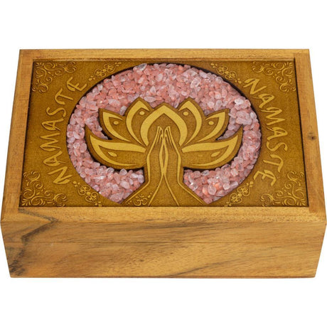 4" x 6" Velvet Lined Laser Etched Wooden Box - Namaste with Rose Quatz Inlay - Magick Magick.com