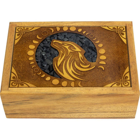 4" x 6" Velvet Lined Laser Etched Wooden Box - Wolf with Black Onyx Inlay - Magick Magick.com