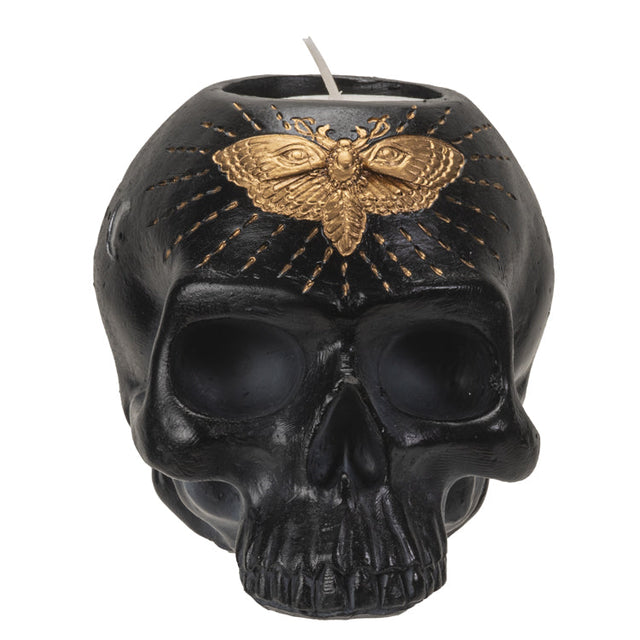 4.5" Black Skull with Butterfly Tealight Candle Holder - Magick Magick.com