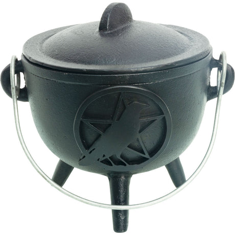 4.5" Cast Iron Food Grade Cauldron - Pentacle with Raven - Magick Magick.com