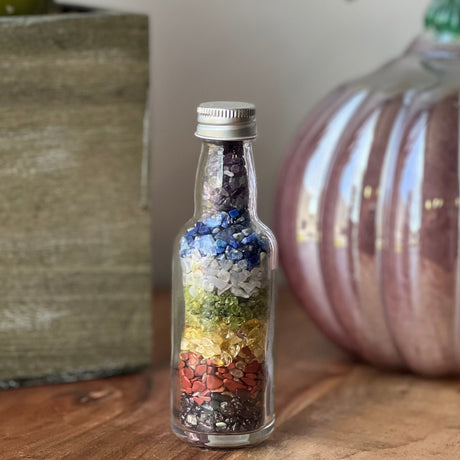 4.5" Chakra Chip Gemstone Glass Bottle - Magick Magick.com