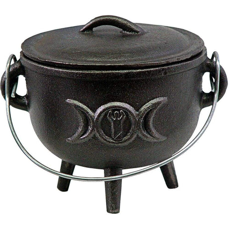 4.5" Cast Iron Cauldron - Triple Moon - Magick Magick.com