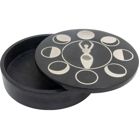 5" Soapstone Round Box with Silver Inlay - Moon Phases Goddess - Magick Magick.com