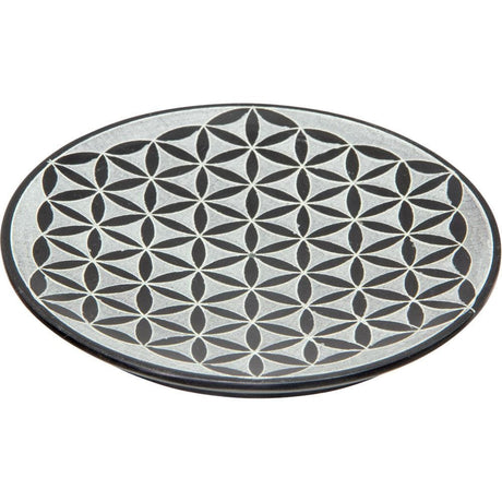 5" Soapstone Round Incense Holder - Flower of Life - Black - Magick Magick.com