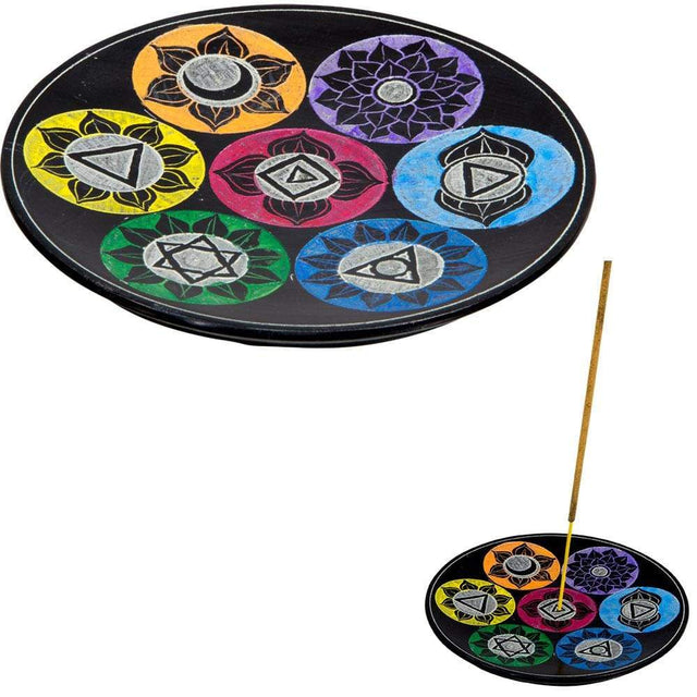 5" Soapstone Round Incense Holders - Chakras Symbols - Black - Magick Magick.com