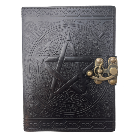 5" x 7" Black Pentagram Leather Blank Book with Latch - Magick Magick.com