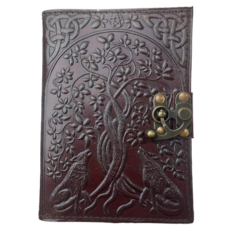 5" x 7" Wolf & Tree of Life Leather Blank Book with Latch - Magick Magick.com