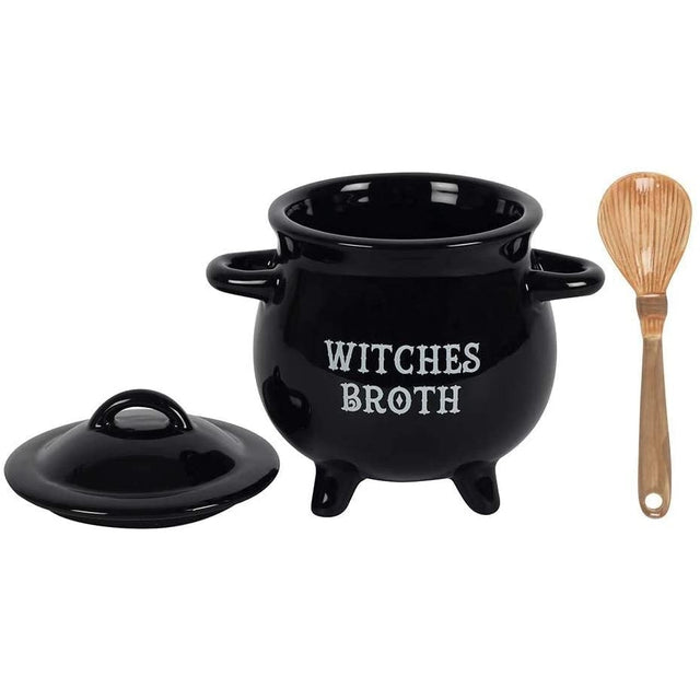 5.5" Witches Broth Cauldron Ceramic Bowl with Broom Spoon - Magick Magick.com