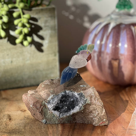 6" Amethyst, Green Aventurine & Blue Aventurine Carved Bird on Amethyst Geode from Brazil - Magick Magick.com