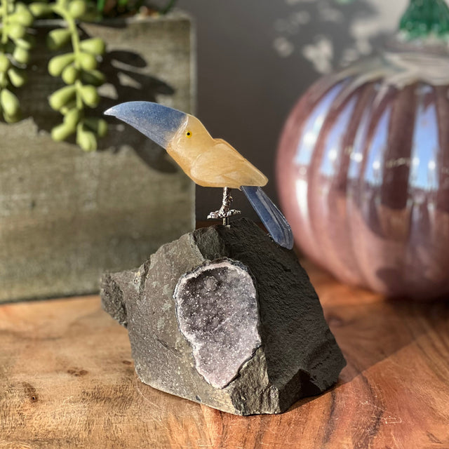 6" Blue Aventurine & Yellow Calcite Carved Bird on Amethyst Geode from Brazil - Magick Magick.com