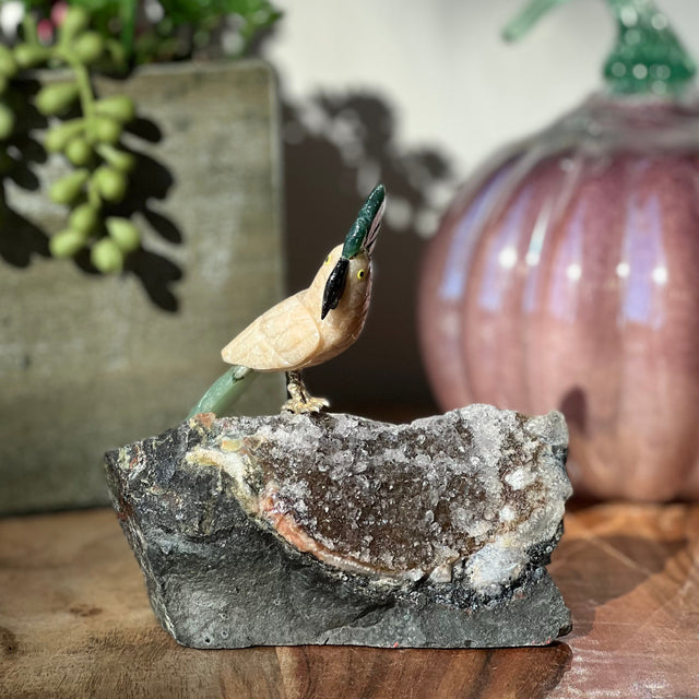 6" Brown Calcite & Green Aventurine Carved Bird on Amethyst Geode from Brazil - Magick Magick.com