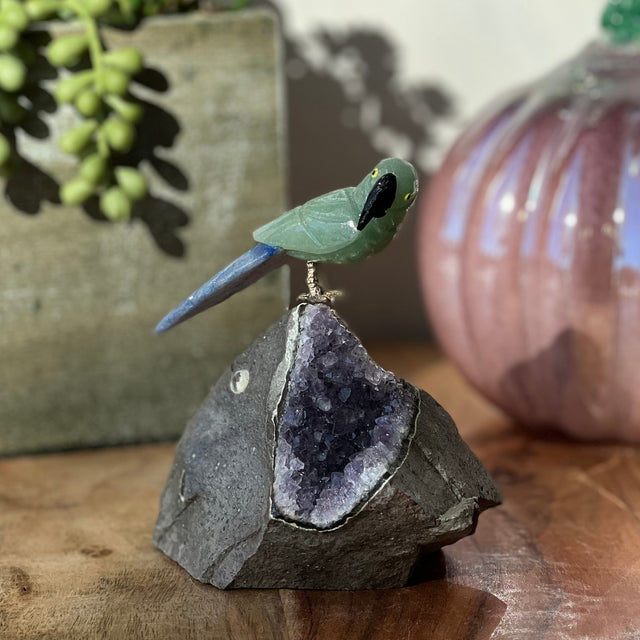 6" Green Aventurine & Blue Aventurine Carved Bird on Amethyst Geode from Brazil - Magick Magick.com