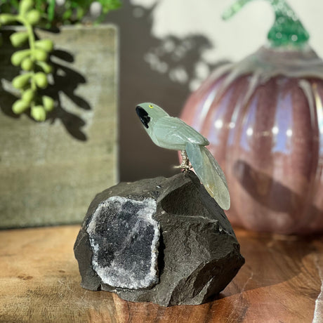 6" Green Aventurine Carved Bird on Amethyst Geode from Brazil - Magick Magick.com