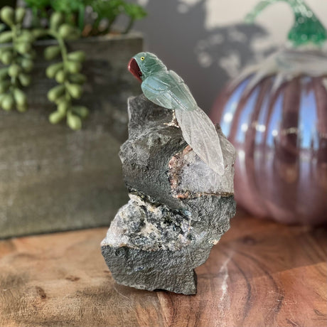 6" Green Aventurine & Clear Quartz Carved Bird on Amethyst Geode from Brazil - Magick Magick.com