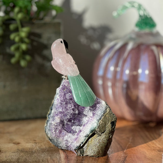 6" Green Aventurine & Rose Quartz Carved Bird on Amethyst Geode from Brazil - Magick Magick.com