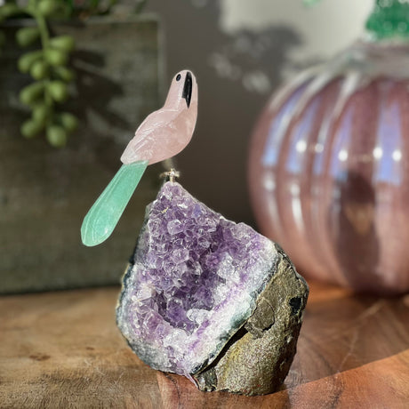 6" Green Aventurine & Rose Quartz Carved Bird on Amethyst Geode from Brazil - Magick Magick.com