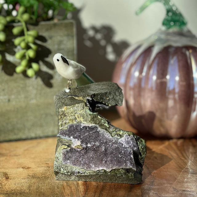 6" Green Aventurine & White Aventurine Carved Bird on Amethyst Geode from Brazil - Magick Magick.com