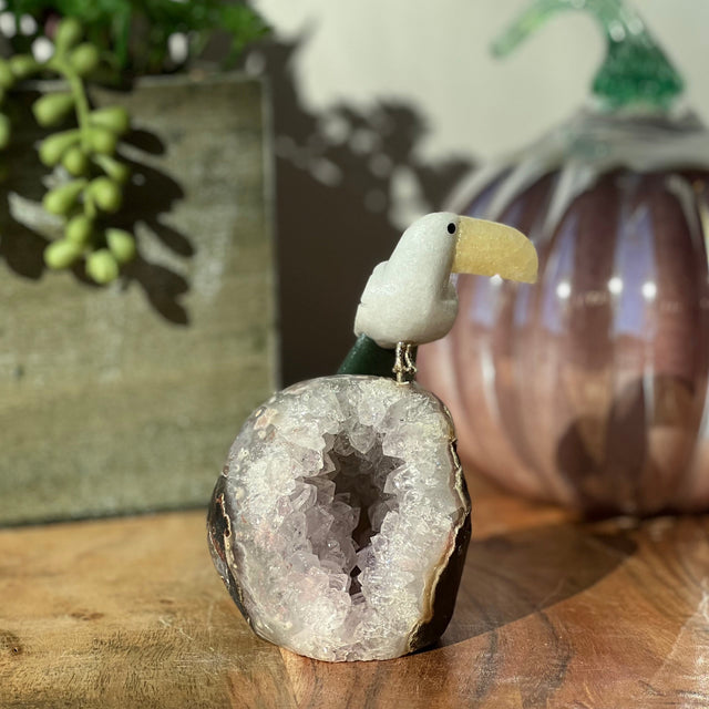 6" Green Aventurine, White Aventurine & Yellow Calcite Carved Bird on Amethyst Geode from Brazil - Magick Magick.com