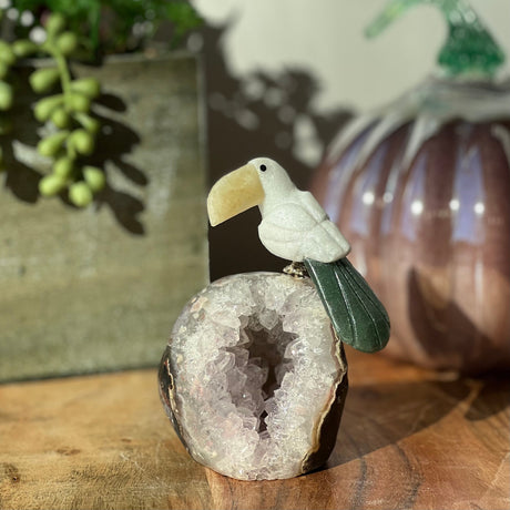 6" Green Aventurine, White Aventurine & Yellow Calcite Carved Bird on Amethyst Geode from Brazil - Magick Magick.com