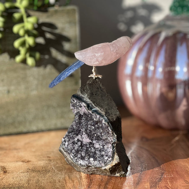 6" Rose Quartz & Blue Aventurine Carved Bird on Amethyst Geode from Brazil - Magick Magick.com