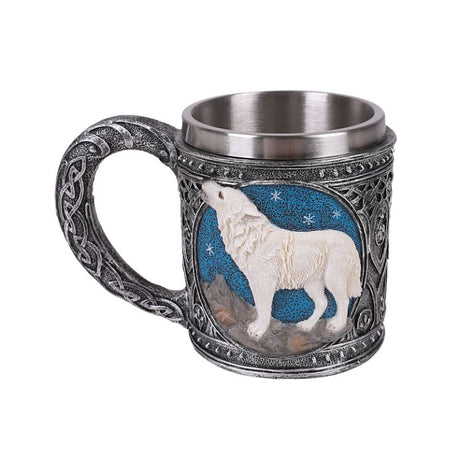 6" Stainless Steel Resin Mug - White Standing Wolf - Magick Magick.com