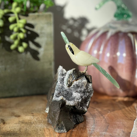 6" Yellow Aventurine & Green Aventurine Carved Bird on Amethyst Geode from Brazil - Magick Magick.com