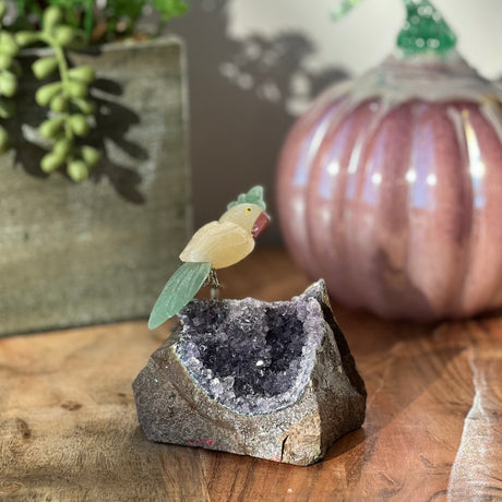 6" Yellow Calcite & Green Aventurine Carved Bird on Amethyst Geode from Brazil - Magick Magick.com