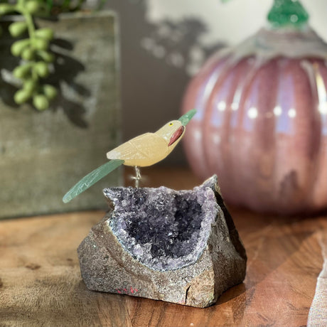 6" Yellow Calcite & Green Aventurine Carved Bird on Amethyst Geode from Brazil - Magick Magick.com