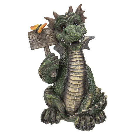 7" Dragon Statue - Green Standing with Welcome Sign - Magick Magick.com