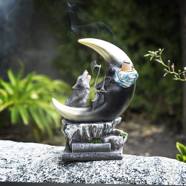 7" Howling Wolf Moon Backflow Incense Burner - Magick Magick.com